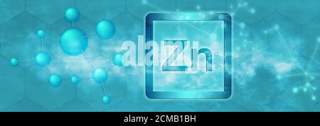 Zn symbol. Zinc chemical element with molecule and network on blue background Stock Photo