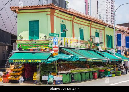 A shophouse with a market that sell fresh and dry ingredients to the nearby residences, Little India, Singapore Stock Photo