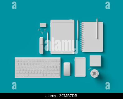 Blank essential office supplies accessory equipment dummies set 3D on turquoise blue background Stock Photo