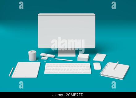 Blank essential office supplies, technology and accessory equipment dummies set 3D on turquoise blue background Stock Photo