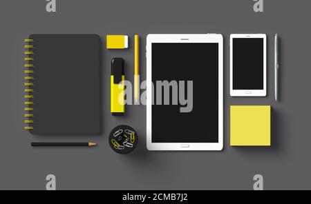 Essential office supplies accessory equipment set 3D on dark gray background Stock Photo