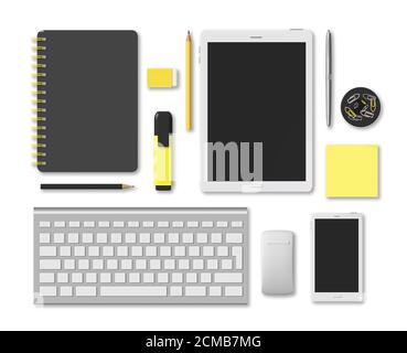 Essential office supplies accessory equipment set isolated 3D on white background Stock Photo