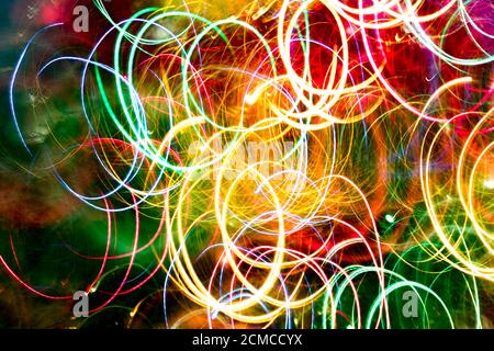 Abstract burred texture background of colorful bokeh motion. Long exposure of small neon lights Stock Photo