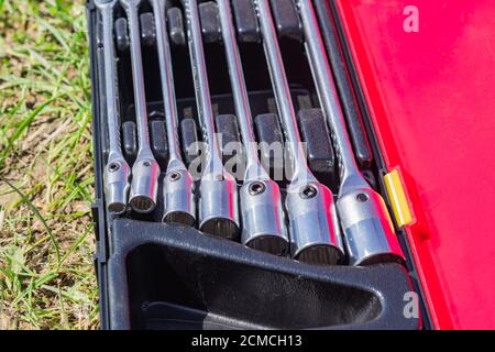 set of socket wrenches in a case, close up of workers tools, selective focus Stock Photo