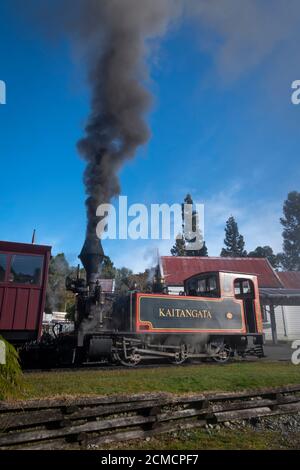 'Kaitangata' forestry steam locomotive at Shantytown, near Greymouth, Westland, South Island, New Zealand Stock Photo