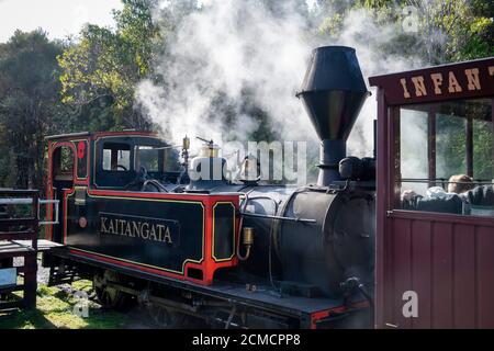 'Kaitangata' forestry steam locomotive at Shantytown, near Greymouth, Westland, South Island, New Zealand Stock Photo