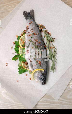 Fresh trout with lemon and spices Stock Photo