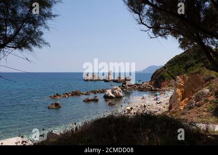 Beaches of Greece, rock formations on Mourtias beach, near Promyri village, Pelion, Volos district, Greece Stock Photo