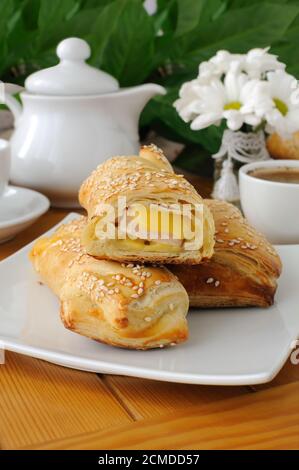 Roll out puff pastry with ham and cheese Stock Photo