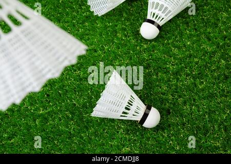 Badminton game shuttlecocks on grass background close up Stock Photo