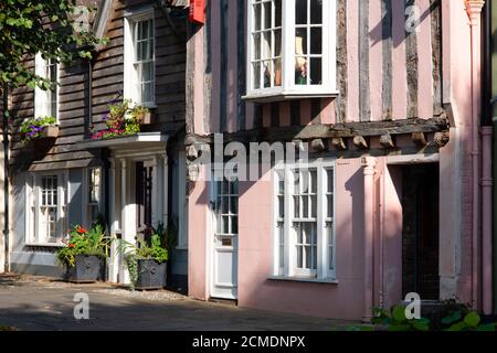 Historic old Horsham, listed buildings on the Causeway on a late summer afternoon. Horsham, West Sussex, England, UK. Stock Photo