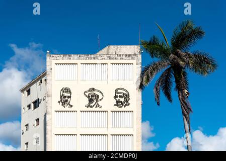 August 23, 2019: Cuban revolutionaries on a facade of old Havana. Havana, Cuba