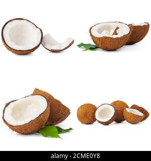 Collage of broken coconut pieces isolated on white background Stock Photo