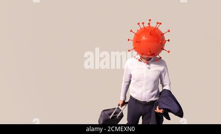 Concept or conceptual 3d illustration of a tourist with luggage and coronavirus on a white background Stock Photo