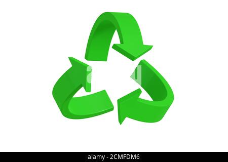 Green recycling symbol in three dimensions isolated on white background. 3d illustration. Stock Photo