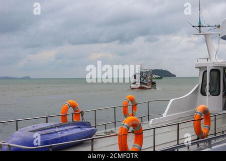 Ring life boy on big boat. Obligatory ship equipment. Personal flotation device. Prevent drowning. O Stock Photo