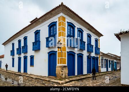 Exterior facade of old colonial house located on a street corner of a historical brazilian town Stock Photo