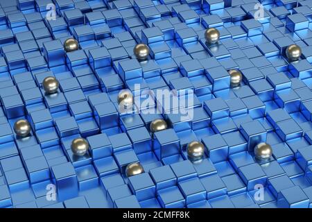 Silver spheres on blue cubes. Abstract design. 3d illustration. Stock Photo