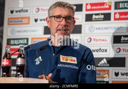 Berlin, Germany. 17th Sep, 2020. Football: Bundesliga, press conference at the start of the season before the match between 1.FC Union Berlin and FC Augsburg: Coach Urs Fischer of Union Berlin speaks to journalists before his team's home game. Credit: Andreas Gora/dpa/Alamy Live News Stock Photo