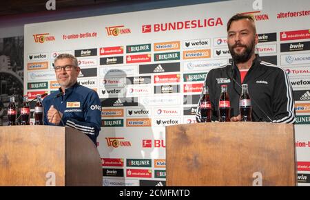 Berlin, Germany. 17th Sep, 2020. Football: Bundesliga, press conference at the start of the season before the match between 1.FC Union Berlin and FC Augsburg: Coach Urs Fischer (l) and press spokesman Christian Arbeit of Union Berlin speak to the journalists present. Credit: Andreas Gora/dpa/Alamy Live News Stock Photo