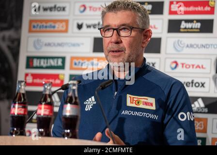 Berlin, Germany. 17th Sep, 2020. Football: Bundesliga, press conference at the start of the season before the match between 1.FC Union Berlin and FC Augsburg: Coach Urs Fischer of Union Berlin speaks to journalists before his team's home game. Credit: Andreas Gora/dpa/Alamy Live News Stock Photo