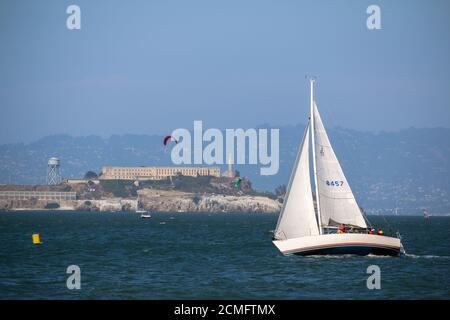 SAN FRANCISCO, USA - MAI 23, 2015: yacht sail in front of Alcatraz prison island Stock Photo