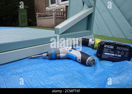 DIY project building garden furniture using cordless tools Stock Photo