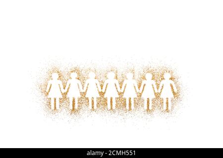 Group of women standing together and holding hands on golden glitter over white background