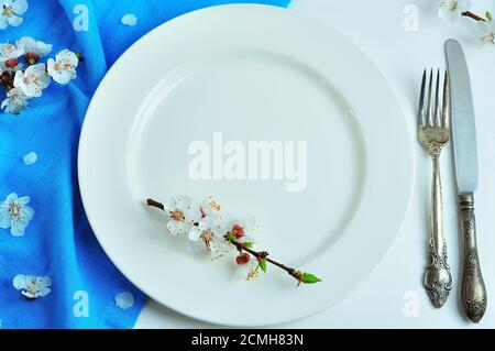 Empty white ceramic plate with iron vintage cutlery Stock Photo