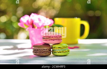 macaroons on a white table Stock Photo