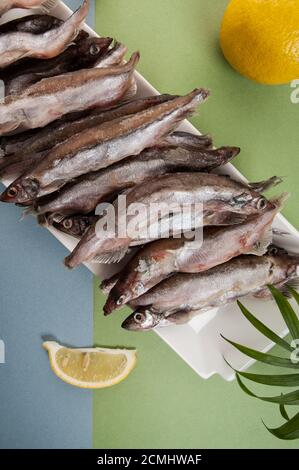 Freshly frozen capelin lies on a white plate on a light blue-green background. Stock Photo