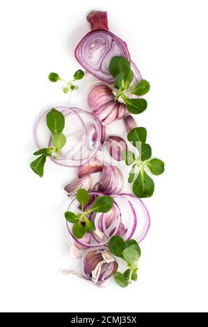 Mix of fresh garlic and onions on white background. Banner design Stock ...