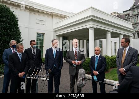 Left to right: Delta CEO Ed Bastian, United CEO Scott Kirby, Hawaiian President and CEO Peter Ingram, American Airlines chairman and CEO Doug Parker, Southwest Airlines Chairman and CEO Gary Kelly, Airlines For America President and CEO Nicholas Calio, and Alaska President and CEO Brad Tilden, speak with reporters outside the White House on September 17th, 2020 in Washington, D.C. The executives just finished a meeting with White House Chief of Staff Mark Meadows during which they discussed an extension of COVID-19 relief benefits to the major airlines. Credit: Alex Edelman / Pool via CNP /Med Stock Photo