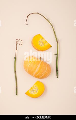 Fresh orange cut pumpkin and dried branches on a light beige pastel background close-up. Stock Photo