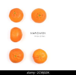 Ripe, juicy tangerines on a white background, top view. Fruit background. Stock Photo