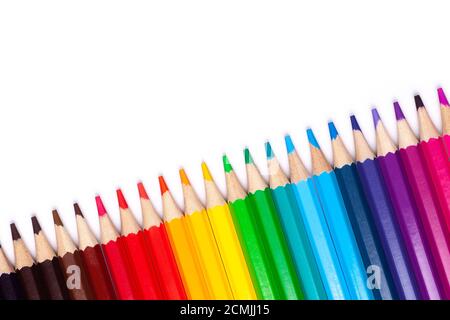 multi-colored wooden pencils in rainbow shades on a white isolated background mock up, horizontal, high quality photo Stock Photo