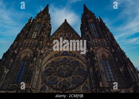West View and Main Portal of St Vitus Cathedral in Prague Castle Complex. Beautiful Exterior of Metropolitan Cathedral in Czech Republic. Stock Photo