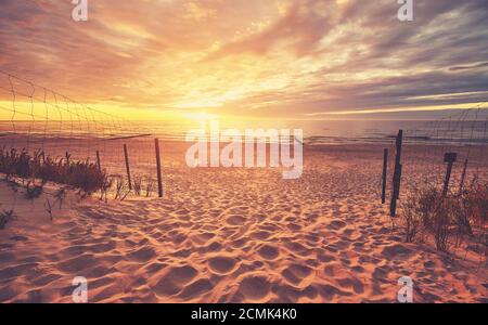 Scenic beach entrance at a beautiful sunset, color toned picture. Stock Photo