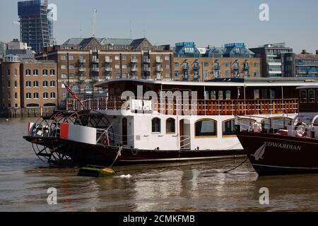 Edwardian and Elizabeth paddle steamers on the River Thames in London, UK Stock Photo