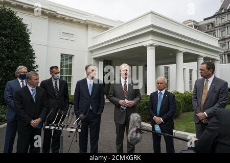 Left to right: Delta CEO Ed Bastian, United CEO Scott Kirby, Hawaiian President and CEO Peter Ingram, American Airlines chairman and CEO Doug Parker, Southwest Airlines Chairman and CEO Gary Kelly, Airlines For America President and CEO Nicholas Calio, and Alaska President and CEO Brad Tilden, speak outside the White House on Thursday, September 17, 2020 in Washington, DC. The executives just finished a meeting with White House Chief of Staff Mark Meadows during which they discussed an extension of COVID-19 relief benefits to the major airlines. Photo by Alex Edelman/UPI Stock Photo