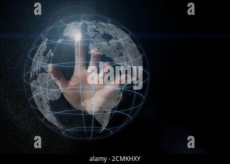Internet network for fast data exchange around planet Earth from space, Hand touching global network and data exchanges over the world Stock Photo