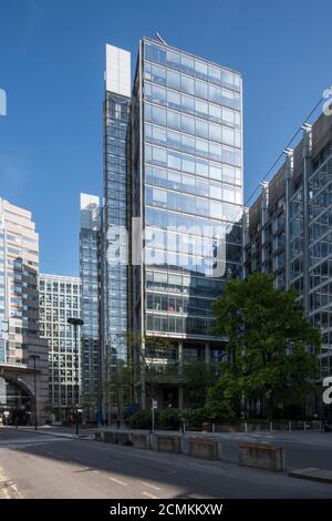 Oblique elevated view of west elevation on London Wall showing glazed western tower and two towers. On the left hand side Farrell's Alban Gate can be Stock Photo