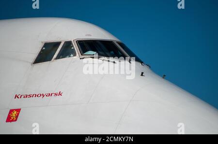 July 2, 2019, Moscow, Russia. Airplane Boeing 747 Rossiya Airlines at Vnukovo airport in Moscow. Stock Photo