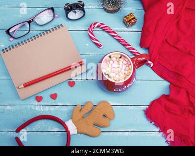 open blank notebook and red cup of coffee Stock Photo