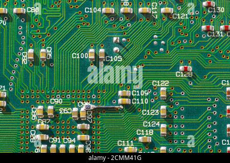Big close up. Printed circuit board showing surface mount components. Stock Photo