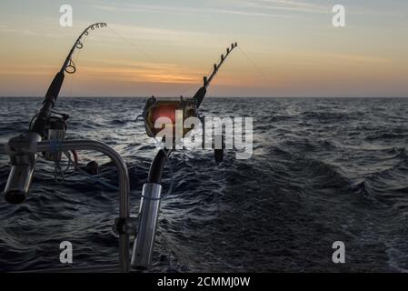Closeup of two fishing rods on a seaside sunset background Stock Photo -  Alamy