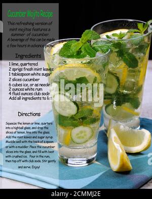 Refreshing cocktail cucumber mojito with lemon slices and mint.Beverage recipe with ingredients and Stock Photo
