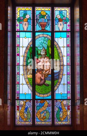 Czech Republic, Prague, New Town, Nove Mesto, Lucerna Palace Arcade, Stained Glass Window Stock Photo