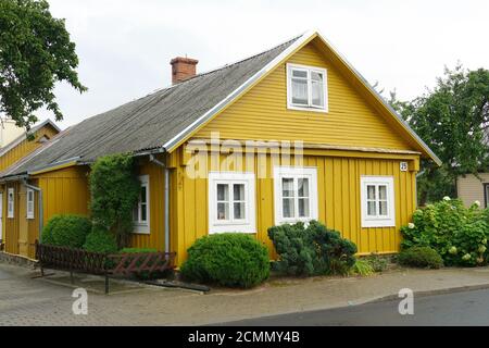 A typical triple-windowed wooden Karaim house, Trakai, Lithuania, Europe Stock Photo