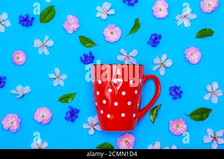 ceramic red mug  with white polka dots on a blue background Stock Photo